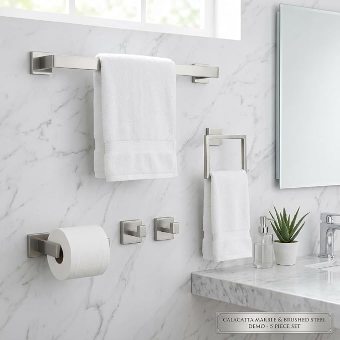 5-Piece Bathroom Hardware Set, 23.6 in Towel Bar, Brushed Nickel | SUS304 stainless steel, 55 mm square bases, concealed screw mount, towel ring, toilet paper holder, 2 robe hooks