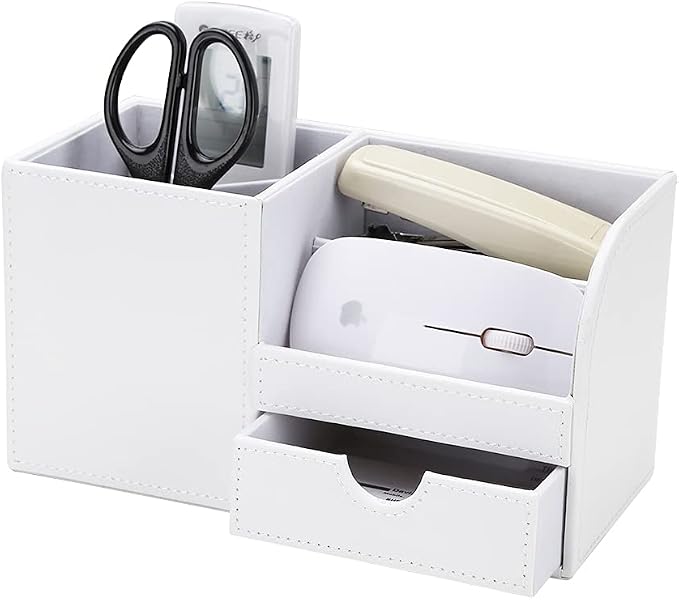 Desk Organizer Office Supplies Caddy Pu Leather Multi-function Storage Box Pen/Pencil,Cell phone, Business Name Cards Remote Control Holder with Small Drawer White