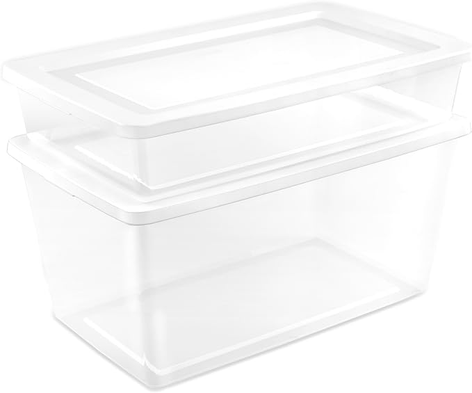 Sterilite 16 Pack Storage Box, 90 Quart Stackable Tote, Clear Plastic Container with Secure Snapping Lids for Home and Office Organization, White