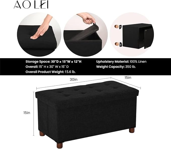 30 Inches Storage Ottoman Bench, Storage Bench with Wooden Legs for Living Room Ottoman Foot Rest Removeable Lid for Bedroom End of Bed, Linen Fabric, Folding Black Ottoman