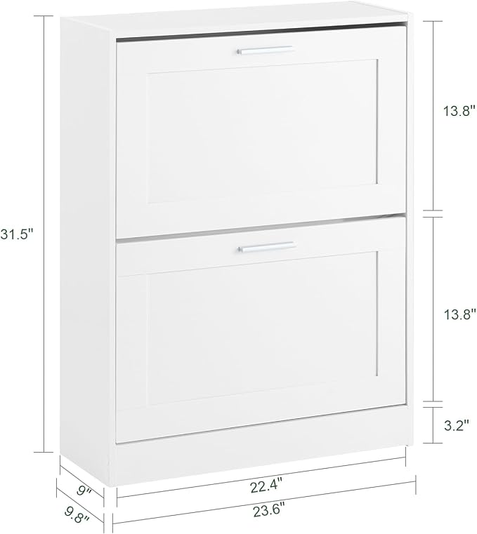 Hestiamo Entryway Flip Drawer Shoe Storage Cabinet, Narrow Size, White | 2-Tier Flip Drawer Shoe Cabinet With Dividers, Slim Freestanding Shoe Rack For Small Entryways, HUS-FSR137