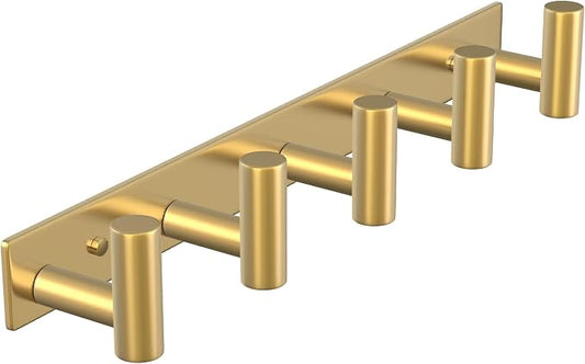 PMMASTO Coat Rack Wall Mounted, 5 "T Shaped Wall Hooks for Hanging, Heavy Duty Stainless Steel Coat Hook Rail for Hat Towel Robes in Bathroom Kitchen Mudroom Entryway (Gold, 1 Pack)