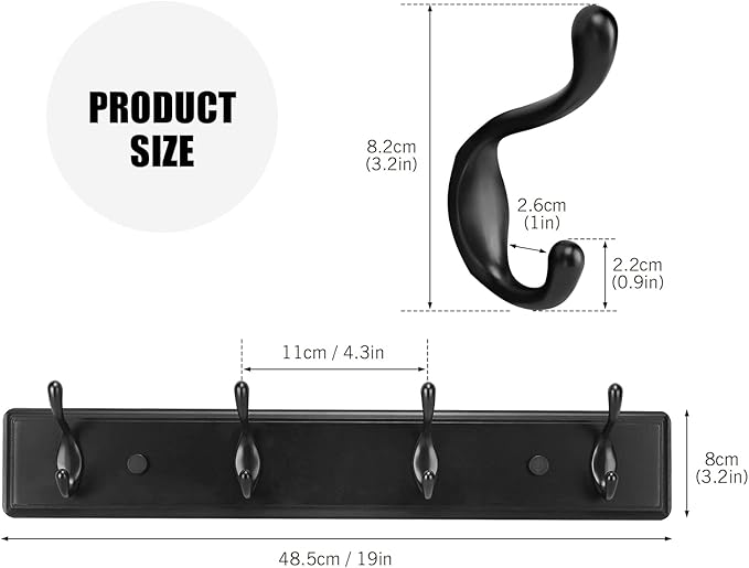 Badiano Wooden Coat Rack, Wall-Mounted Organizer for Closet, Entryway, Hallway, Foyer, Bedroom, Heavy Duty Double Hooks for Hanging Towels, Bags, Hats, Jackets, Key (Black, 4 Hooks)
