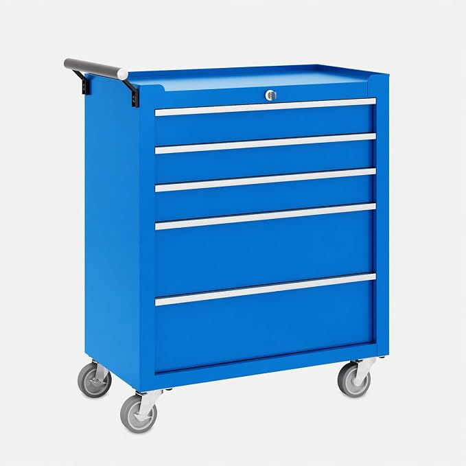 Garvee Rolling Tool Chest, 5 Drawers Tool Storage Cabinet, Toolbox with Wheels, Portable Tool Cabinet Organizer with Locking System & Drawer Liners, Tool Storage Cart for Garage, Workshop, Blue