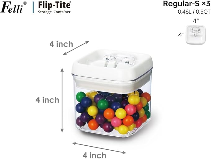 Felli Flip Tite Food Storage Container 4" Small Size Airtight Lid Lock Top, Stackable Kitchen Canister for Space Saving, Pantry Fridge Cupboard Organizer, Spice Seasoning Pet Treats Snack (0.5 qt)