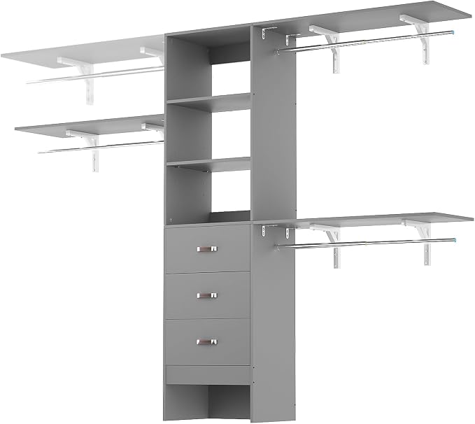 iSunirm 8FT Closet System, 96'' Closet Organizer System with 3 Hanging Rods, Wall Mount Bedroom Wardrobe with 3 Drawers Walk-in Closet, Adjustable Cloth Garment Rack from 5 to 8FT (Cut to Fit), Grey