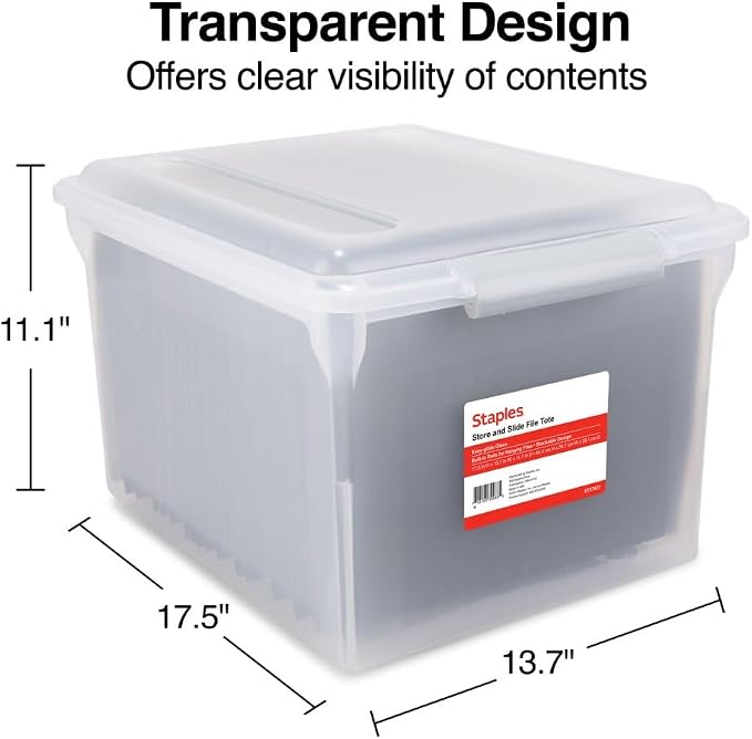 STAPLES Store & Slide Plastic File Box Latching, Letter/Legal Size, Clear, 2/Pack