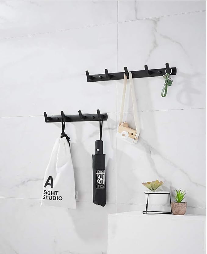 Wall Mounted Coat Rack, 5 Hooks, 17.7"x1.3", Modern, Black, 2 Pcs | Space Aluminum, Rustproof, for Hallway, Entryway, Hanging Holder for Clothes, Towel, Backpack, 40 lbs Capacity, Easy Install