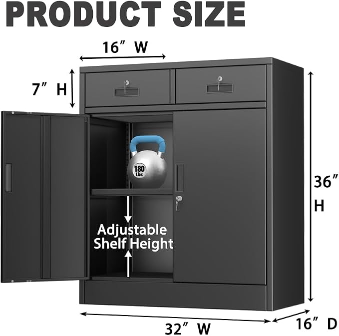 CJF Metal Storage Cabinet, Locking Cabinet with Adjustable Shelf and 2 Drawers, Metal Cabinets for Office, Home, Garage 36" H x 32" W x 16" D (Black)