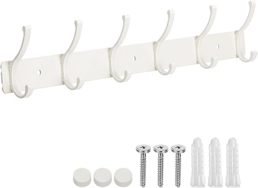 Wall Mount Coat Rack 1 Pack, White Coat Hooks Hanger with 6 Double Hooks | Zinc Alloy, Smooth Hook Edges, Screw Installation, Double Hooks，Greater Storage Space for Hanging Robes, Clothes, Bags, Hat