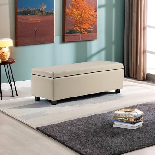 SIMPLIHOME Avalon Storage Ottoman Bench - 48" Wide x 16" High Upholstered Vegan Leather Rectangular Lift-Top Ottoman in Satin Cream, Contemporary Storage Bench for Living Room with High-Density Foam