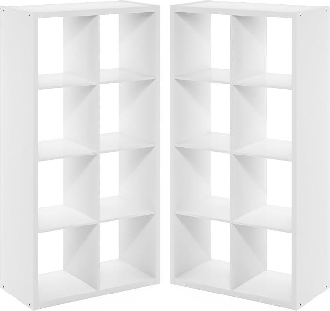Furinno Cubicle Book Shelf Set of 2, 8-Cube Bookshelf, White | 14.6 x 30 x 57.9, Thick Frame, Horizontal & Vertical Reversible Bookcase, Open Back, for Living Room, Bedroom, Home Office