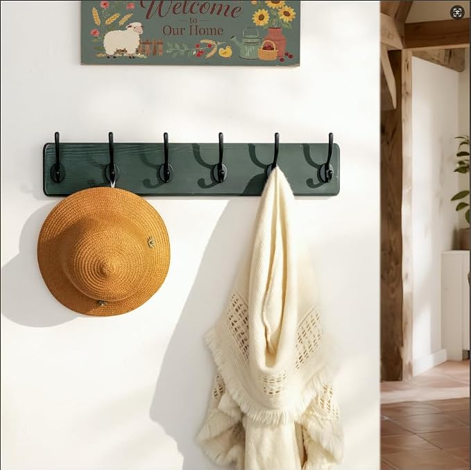 Coat Rack Wall: 24" Long, Patented, Heavy-Duty, 6-Double-Hooks Wooden Wall Mounted Coat Rack Coat Hanger Hook Rail for Winter Coats Hat Jacket Clothing, Weathered Green