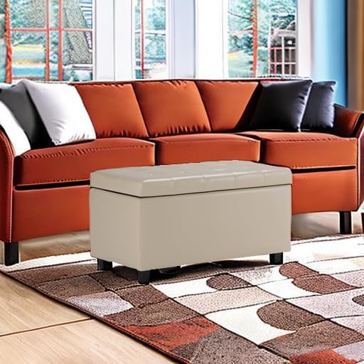 SIMPLIHOME Dover 36" Wide Linen Look Fabric Storage Ottoman in Slate Grey | Satin cream, transitional storage ottoman with tufting and lift-up lid; rectangle storage bench for living room or entryway.
