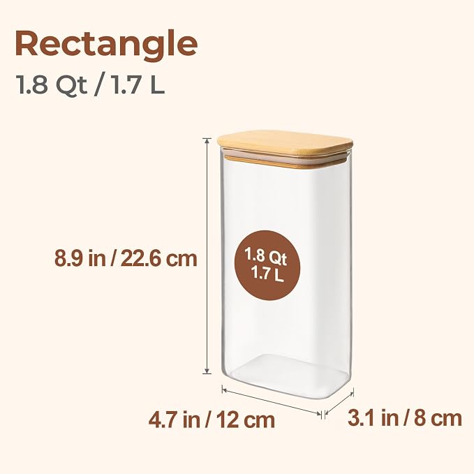 ComSaf Glass Storage Containers With Lids 1.8 Qt, 3 Pack Pantry Organizers | Glass Jars With Bamboo Lids, Rectangle Pantry Jar, Kitchen Canisters, Dry Food Storage Cereal, Flour, Sugar, 54oz, BPA Free
