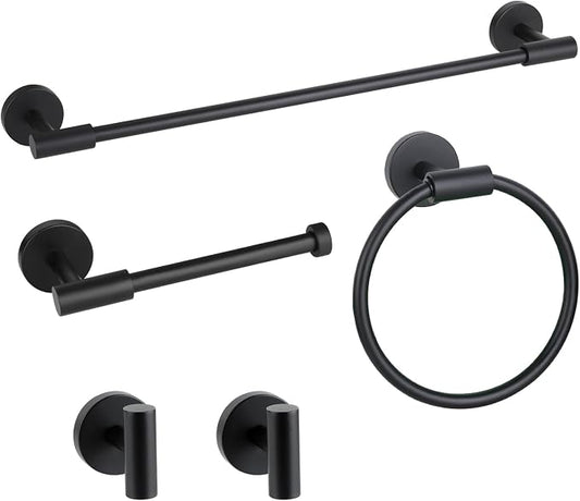 Matte Black Bathroom Hardware Accessories Towel Bar Set 5 Pieces | Stainless Steel Black Towel Rack Set Including 19in Towel Bar Wall Mounted, Bathroom Towel Holder, Towel Ring, Towel Hooks