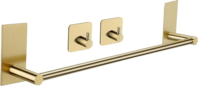 Taozun Golden Towel Bar - Self Adhesive Towel Holder + 2 Packs Hooks, 16-in | Brushed Brass Finish, SUS304 Stainless Steel, Rustproof, No Drilling, Ideal for Bathroom, Kitchen, RV