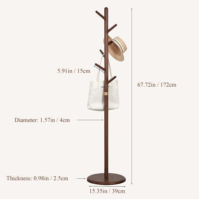 Solid Wood Coat Rack Freestanding 6 Hooks for Entryway Bedroom | Wooden Coat Tree Freestanding For Hats, Handbags, Entryway, Bedroom, Hallway, Gift for Men & Women