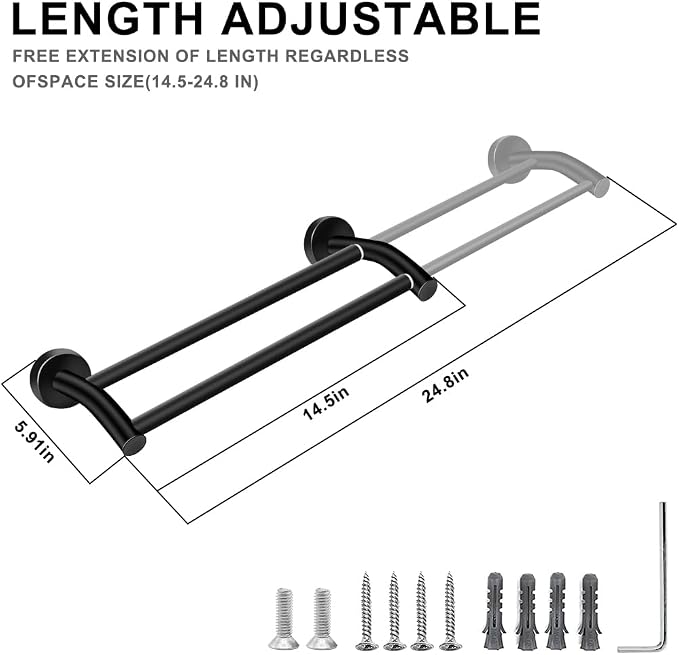 MGahyi Black Telescopic Double Towel Bar Wall Mount 14.5-24.8Inch | Rustproof Towel Rack with Widened Spacing, Scratch-resistant & Durable for Bathroom Kitchen RV