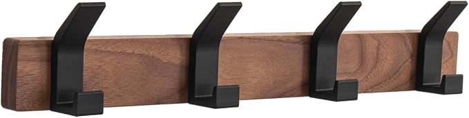 Coat Rack Wall Mount - 15.7 Inches Walnut Wood Coat Hooks Coat Rack Wall Mount with 4 Hooks Black Aluminum Coat Hooks for Hanging Coat Hat Bag Hat Rustproof Coat Hanger