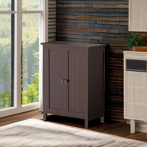 SUPER DEAL Modern Bathroom Floor Storage Cabinet with Adjustable Shelf and Double Door Rust Proof, Living Room Modern Home Furniture Storage Organizer Cabinet, Brown