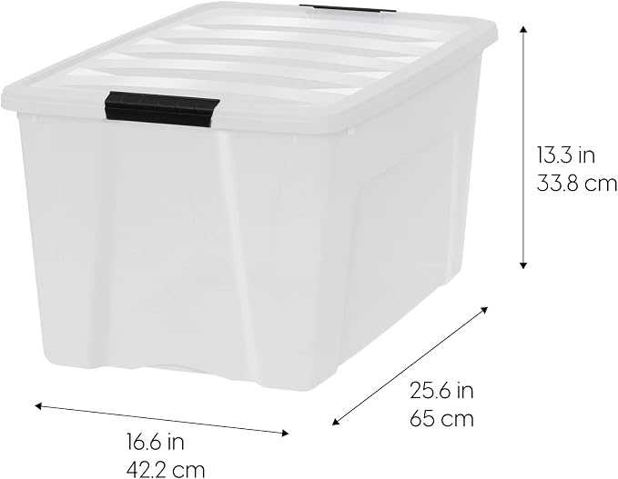 IRIS USA 4-Pack 72 Quart Storage Bins with Lids, Pearl | Conceals contents for a clean look. Perfect for moving, blankets, clothing, and garage storage. Nestable design saves space