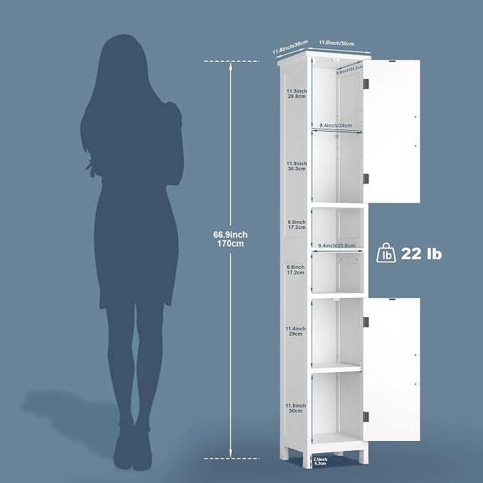 67" Tall Bathroom Storage Cabinet with Lights, Slim Narrow Bathroom Cabinet Organizer with Doors and Adjustable Shelves, Tall Cabinet for Small Space (66.9" Tall-White with Light)