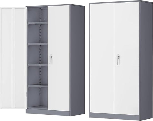 INTERGREAT Metal Storage Cabinet Doors, 72" Locking Steel Storage Cabinet with Shelves, Tall Lockable Steel Cabinets for Home Office, Garage(New Grey)