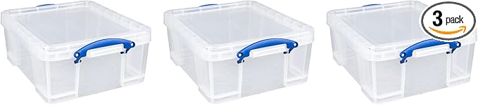 Really Useful Box 3 Pack 17L Plastic Storage Bins with Snap Lids and Clip Lock, Clear