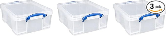 Really Useful Box 3 Pack 17L Plastic Storage Bins with Snap Lids and Clip Lock, Clear