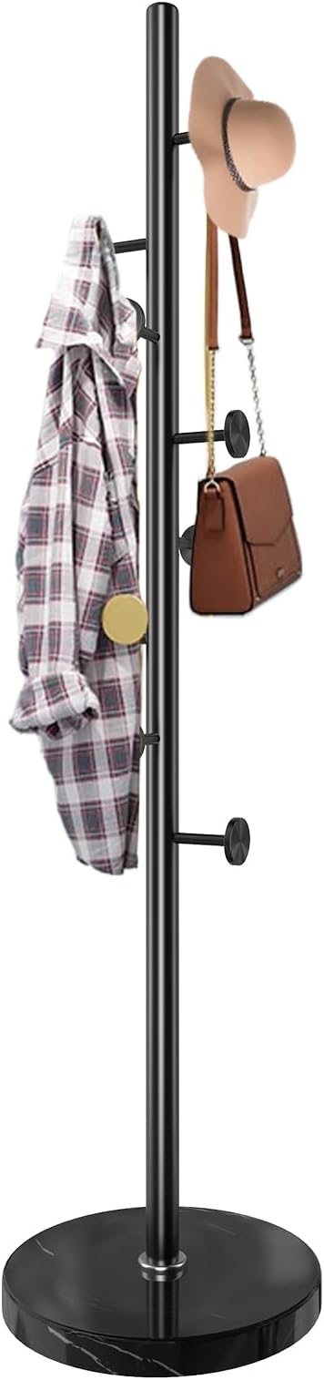 Coat Rack Stand,Black Metal Coat Rack Freestanding with 8 Hooks | Modern Coat Rack with Natural Marble Base,Coat Hanger Stand, 3 Adjustable Coat Clothes Tree Stand for Office
