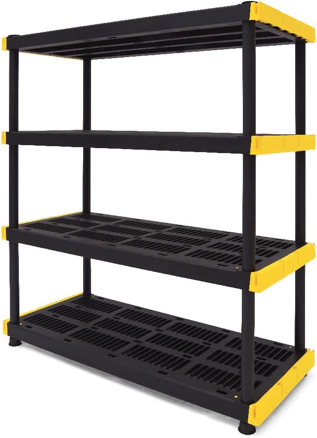 CX Heavy Duty 4-Tier Garage Storage Shelves + 4-pack 27-Gallon Bins & Lids | Garage organizing system with 4-tier shelf + 4 plastic 27-gal totes, 200 lbs/shelf, 50.1H x 48W x 20D, Black & Yellow