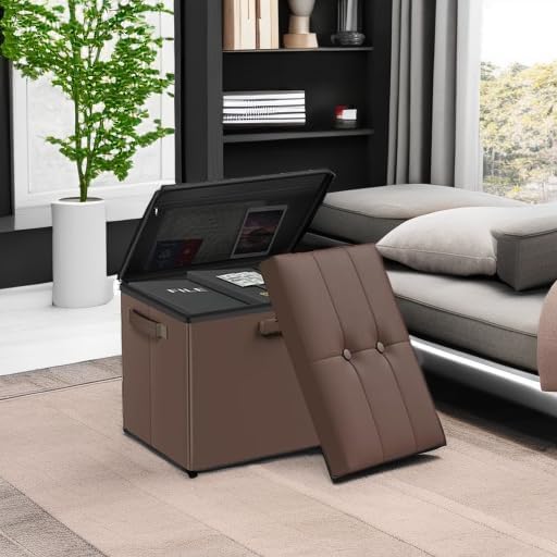 DocSafe Storage Ottoman Foot Rest Stool with Lock ＆ Handle, Fireproof Folding Leather Footstool Bench with Storage Safe for Living Room Bedroom, Home Office, Dorm, 17x13x13in, Brown
