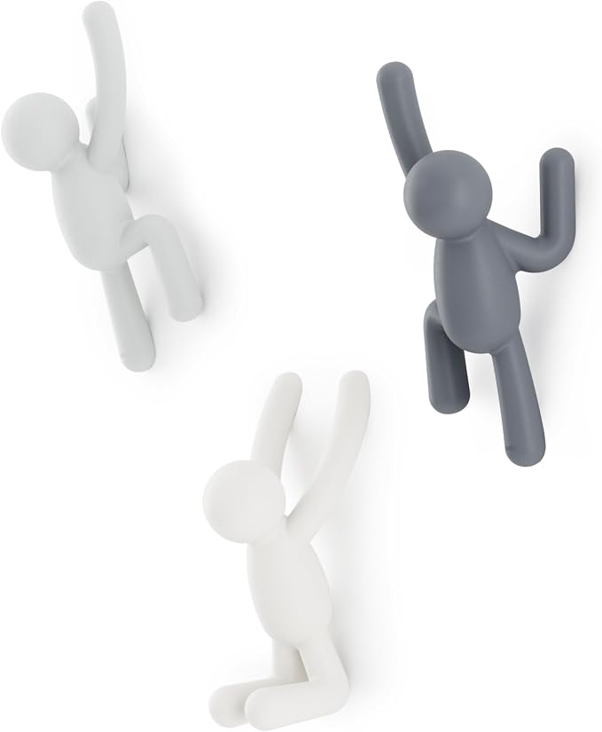 Umbra Buddy Wall Hooks, Decorative Wall Mount Coat Hooks, Set of 3, Grey | Easy install with hardware, holds 5lbs per hook, entryway bedroom bathroom dorm, playful hanging storage, recycled plastic