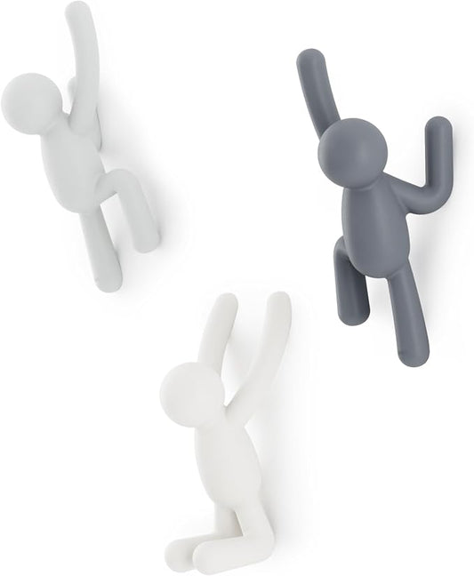 Umbra Buddy Wall Hooks, Decorative Wall Mount Coat Hooks, Set of 3, Grey | Easy install with hardware, holds 5lbs per hook, entryway bedroom bathroom dorm, playful hanging storage, recycled plastic