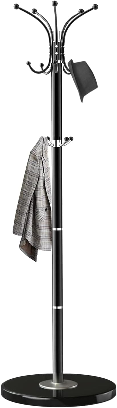 OIRUMIE Coat Rack,360°Rotary Coat Rack Stand,Coat Hanger Stand for Entryway | Metal Coat Rack Freestanding with Natural Marble Base & 14 Hooks,Black Modern Coat Stand, Clothes Hall Stand for Hallway