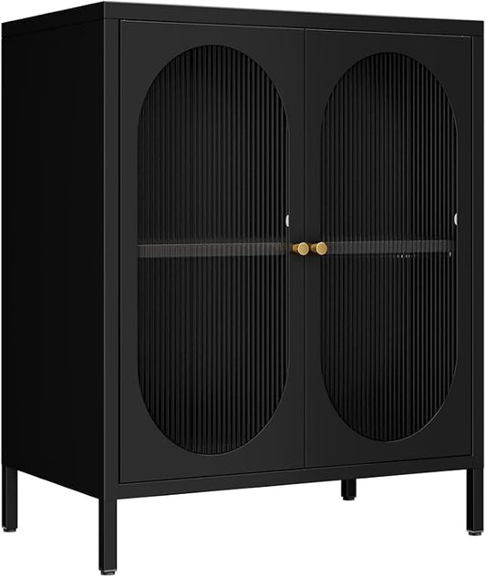 2 Translucent Door Metal Accent Storage Cabinet for Home, Living Room, Office Room,Kitchen-Metal Locker Cabinet with 1 Adjustable Shelves-2-Tier (Black)