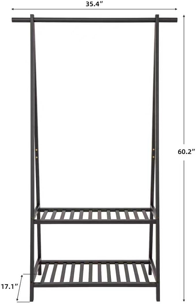 Finnhomy Bamboo Clothes Rack Portable Extra Large Garment Rack 2-Tire Storage Box Shelves For Entryway and Bed Room Patented Design (Black)