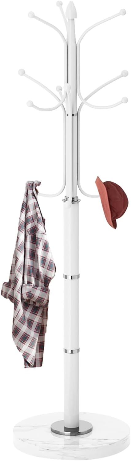 Metal Coat Rack Stand, Modern Freestanding Coat Rack with Natural Marble Base,White Coat Racks and Coat Hall Tree Hanger Stand with 12 Hooks for Entryway, Hallway, Office