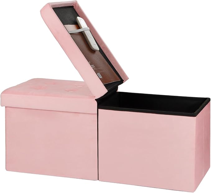 Bsketa Storage Ottoman Bench, 34" Folding Velvet Foot Rest Stool, Pink | Large Ottoman with Storage, Thicker Foam Padded Seat, Livingroom, Dorm, Bedroom, Easy to install, 86L,34 x 13 x 13in