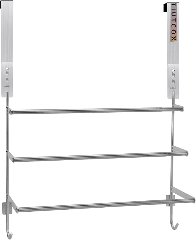 Over The Door Towel Rack, 304 Stainless Steel Towel Racks for Bathroom with 3-Tier Adjustable Pole, 2 Punch-Free Screw Stickers, 22.83 * 17.71-29.52 * 6.14 Inch, Silver