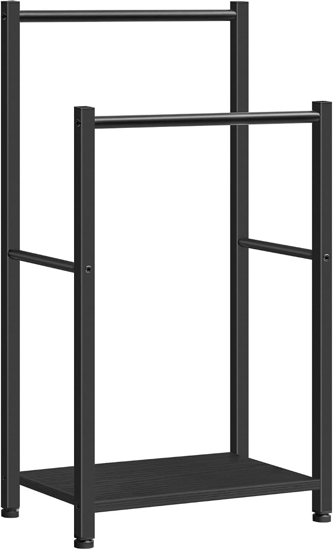 HOOBRO Free Standing Towel Rack for Bathroom, 16.5" L x 9.4" W x 31.5" H, 2 Tier Blanket Rack, Blanket Holder, Drying and Display Rack with Shelf, Black BB02LB01