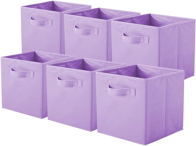 PowerKing Collapsible Storage Cubes, Farbic Storage Bins, Purple, 6 Pack | Sturdy, Lightweight, Easy Pull Handle, Closet & Shelf Organizer, Clothes and Toys Storage, 10.5'' x 11'' x 10.5''