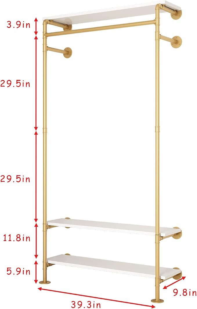 Gold Wall Clothing Racks with White Shelves, Wall Mounted Gold Clothes Rack for Hanging Rods，Heavy Duty Industrial Pipe Clothing Racks With Shelves Retail Display Garment Rack for Home