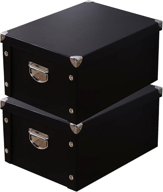 GUOZI Collapsible Storage Box, Decorative Memory Box with Lid & Metal Reinforced Corners, Organizer Gift Box for Keepsake Toy Photos Office Nursery Wardrobe Bookshelf (2Pcs-Black, 35 * 25 * 17.5cm)