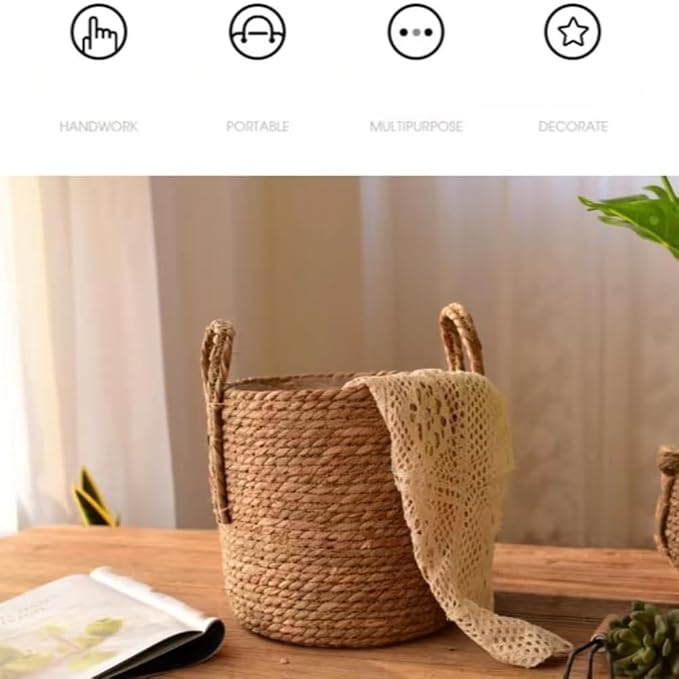 Handmade Rattan Woven Flowerpot Straw Woven Storage Basket Plant Holder Flower Pot Planter Balcony Home Decoration(9.84''X7.87''X9.84'')