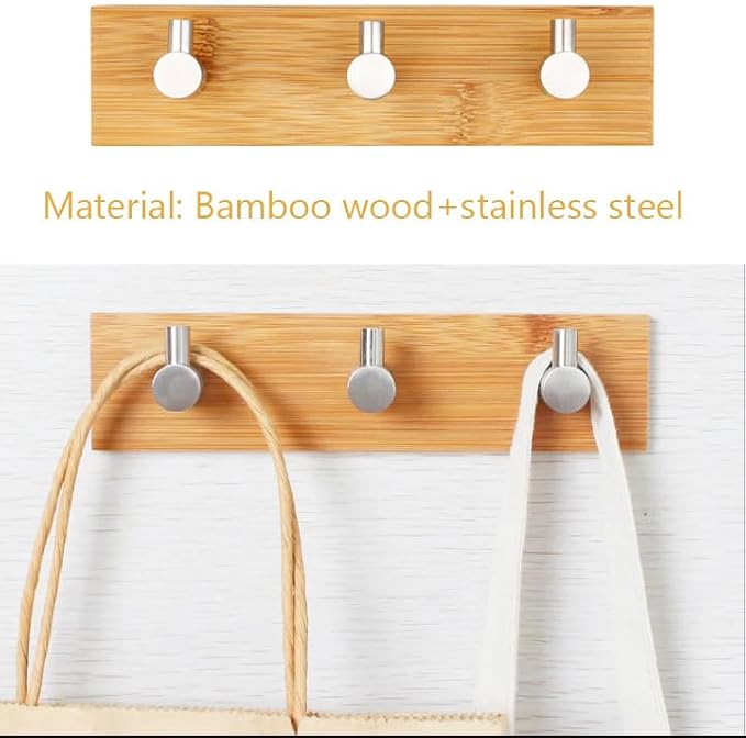 Bamboo Wood Key Holder for Wall - Key Hanger with Hooks - Decorative Wall Hooks for Hanging Heavy Duty Key Organizer for Kitchen, Bedroom, Bathroom - Ideal Coat Rack (3 Hooks, Sliver)