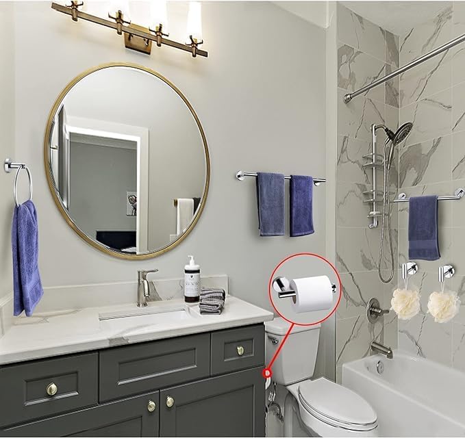 12 Pieces Polished Chrome Bathroom Hardware Accessories Set Hand Towel Ring 16&23.6 inch Round Towel Bar Toilet Paper Holder Towel Hooks 4 Pieces SUS 304 Stainless Steel,Heavy Duty,Wall Mounted