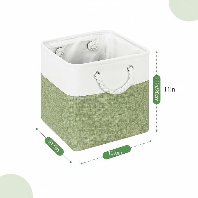 Cube Storage Bins, Collapsible Fabric Storage Cubes Bins, 11 Inch Cube Storage Bins with Handles, Foldable Storage Cubes (White/Green, 6Pack)