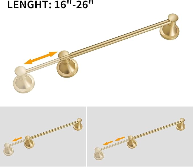BESy Towel Racks for Bathroom Wall Mounted Bath Towel Bar Brushed Gold | Adjustable 16-26 In, Wall Mounted Towel Holder, Stainless Steel, Rustproof, Towel Bar Rod Hanger Hardware Accessories Hotel